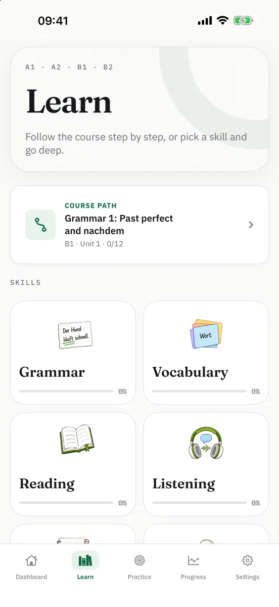 SprachPrep, our German exam app: the Learn screen