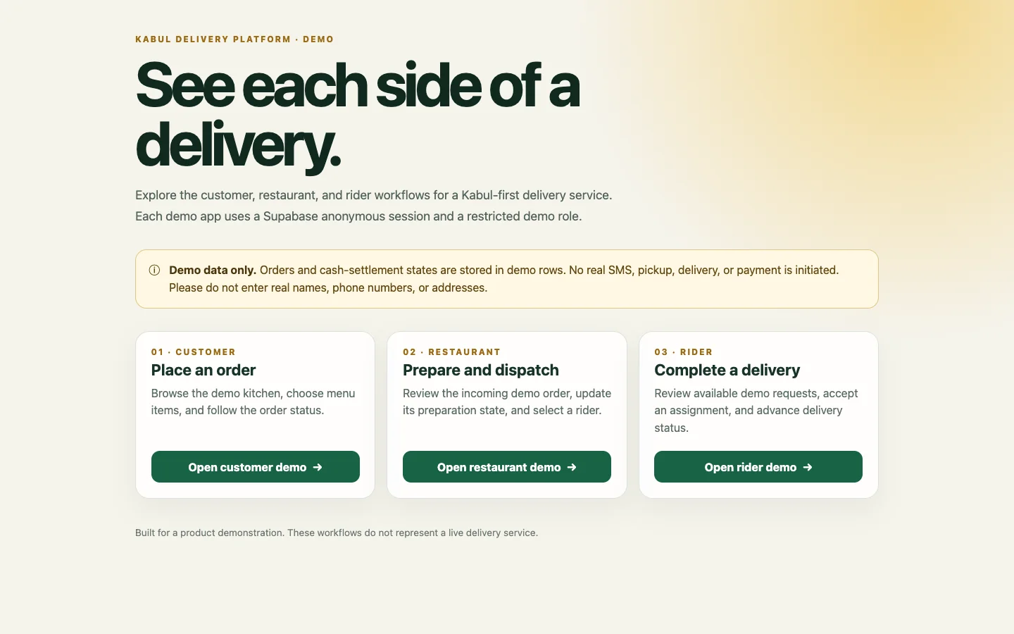 Kabul Delivery: A delivery platform we built for Kabul: customer, restaurant and rider apps, plus an operations centre.