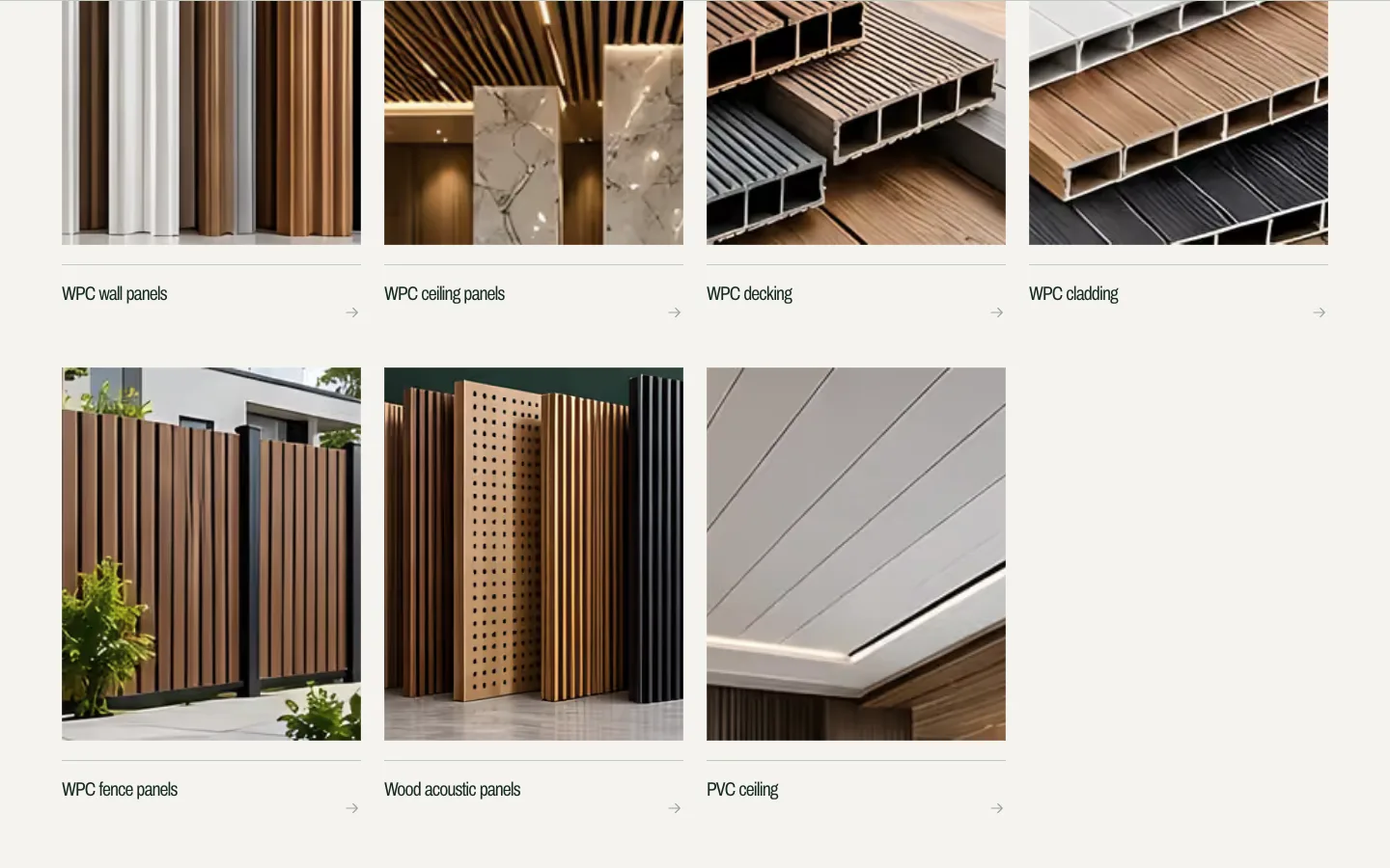 Product grid: every material with its own page and specifications